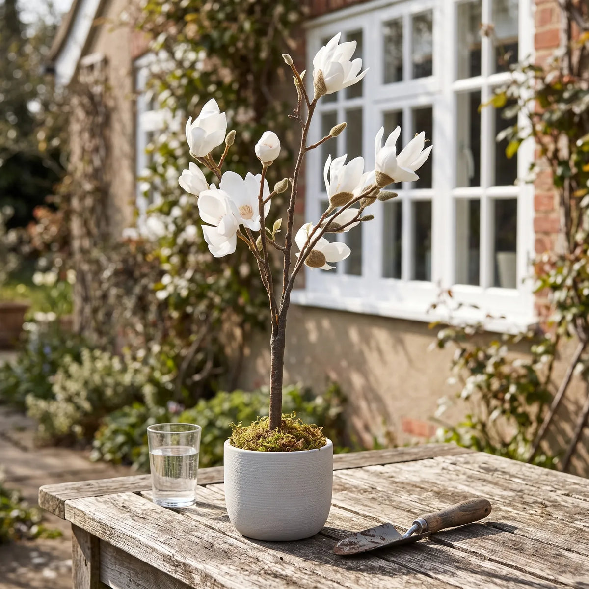 Artificial Magnolia Tree H70 cm in a pale ceramic planter on a weathered garden table