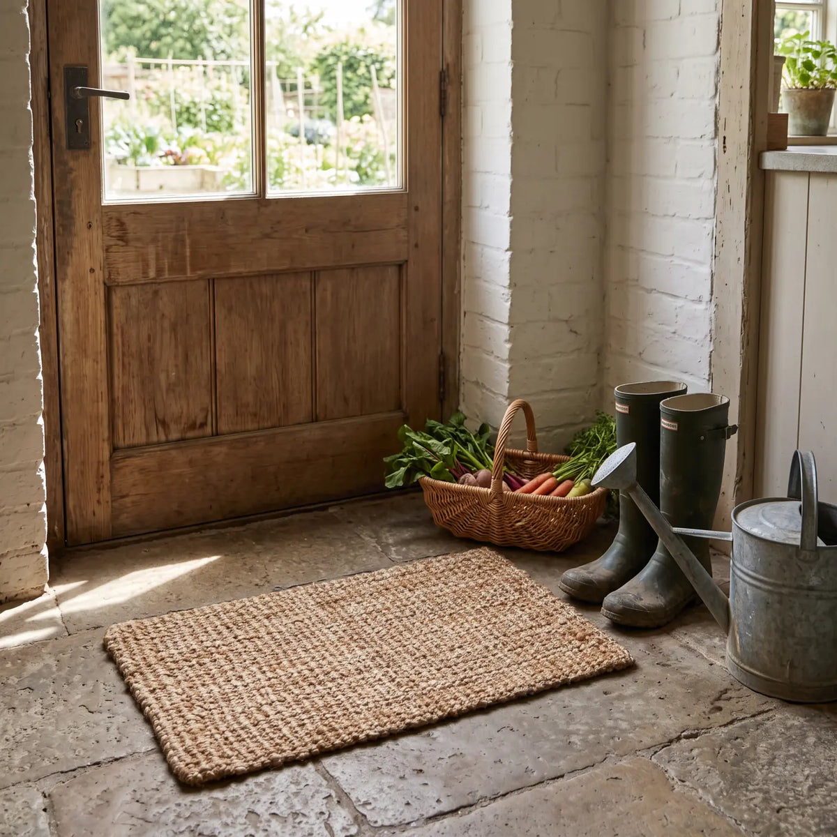 Thick Braided Jute Mat 50 x 80 cm at a farmhouse back door with wellies and watering can