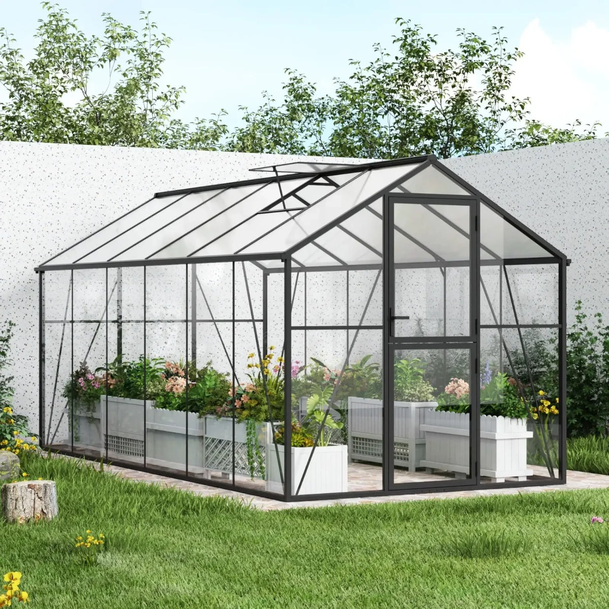 Premium-drivhus svart 457 cm – glass/polykarbonat